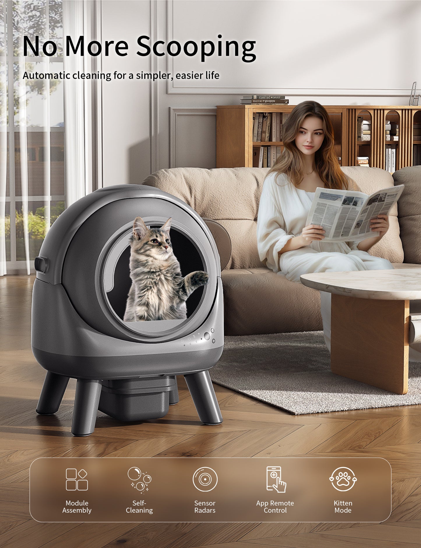REDSASA Self Cleaning Cat Litter Box, 69L Automatic Litter Box Can be Used for 15 Days, Kitten Mode/Modular Assembly/APP-WiFi-Control Self Cleaning Litter Box for Multiple Cats