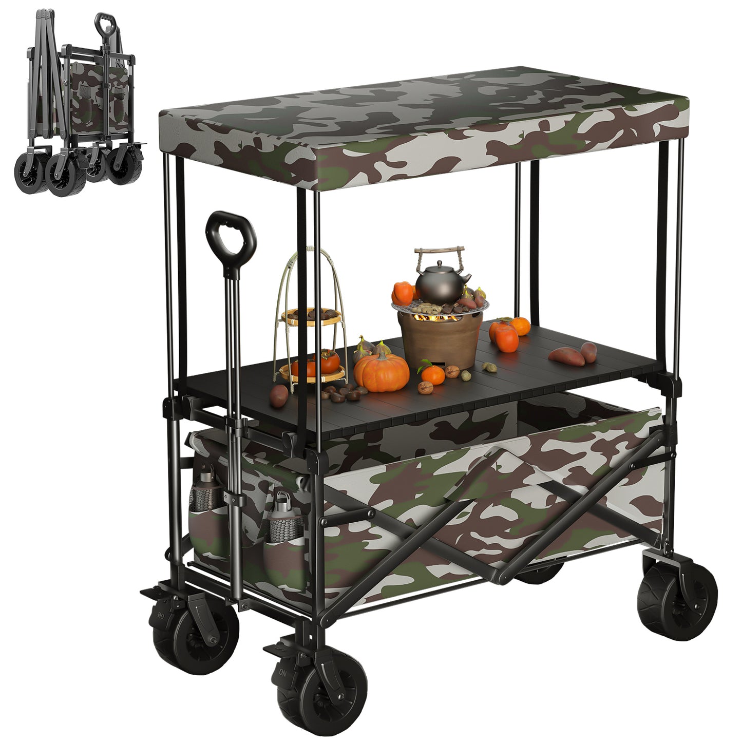 REDSASA 500lbs Heavy-Duty Folding Wagon with Detachable Table & Canopy - All-Terrain 8" Wheels, 200L Capacity, Collapsible Utility Cart for Camping, Grocery, Sports