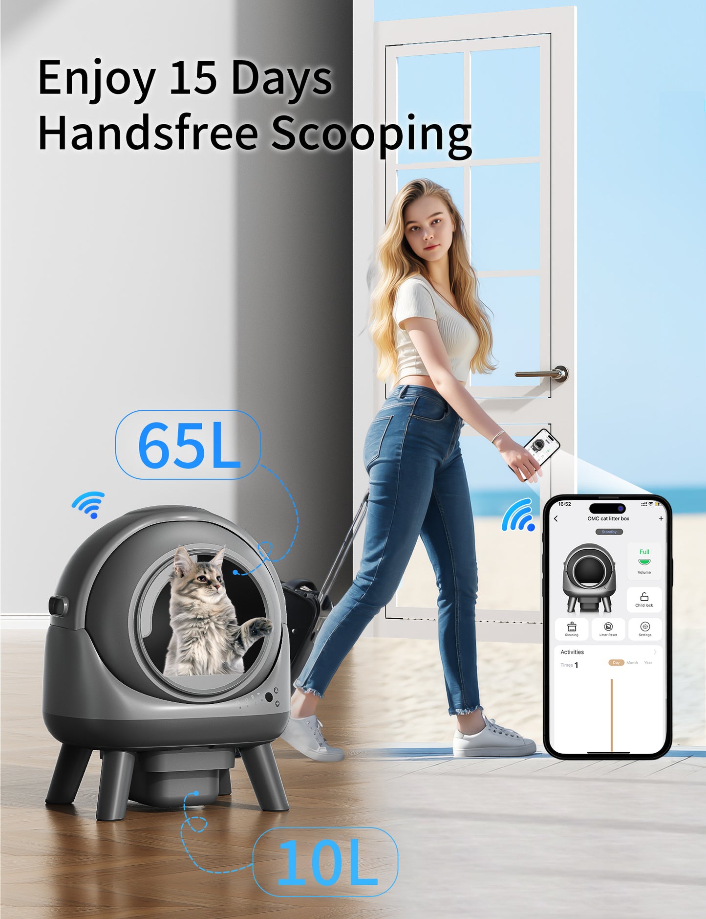 REDSASA Self Cleaning Cat Litter Box, 69L Automatic Litter Box Can be Used for 15 Days, Kitten Mode/Modular Assembly/APP-WiFi-Control Self Cleaning Litter Box for Multiple Cats
