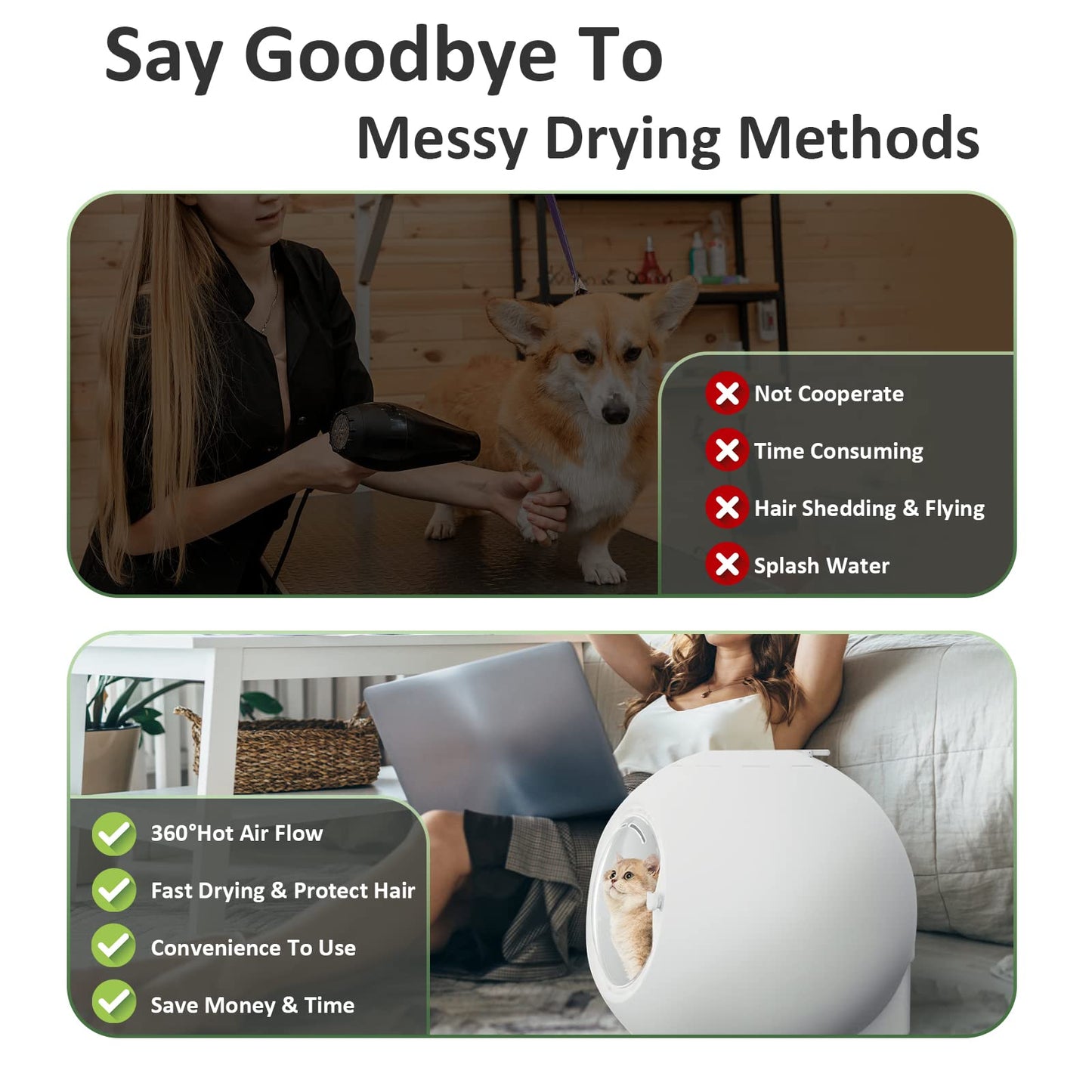 say goodbye to messy drying methods | REDSASA Pet Dryer for Cats and Small Dog