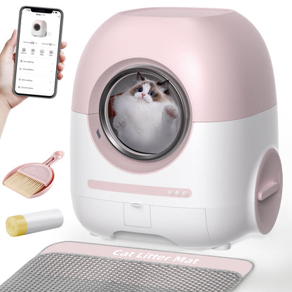 PET011 Self Cleaning Cat Litter Box, Automatic with Mat & Liner, 80L Space for Multi Cats