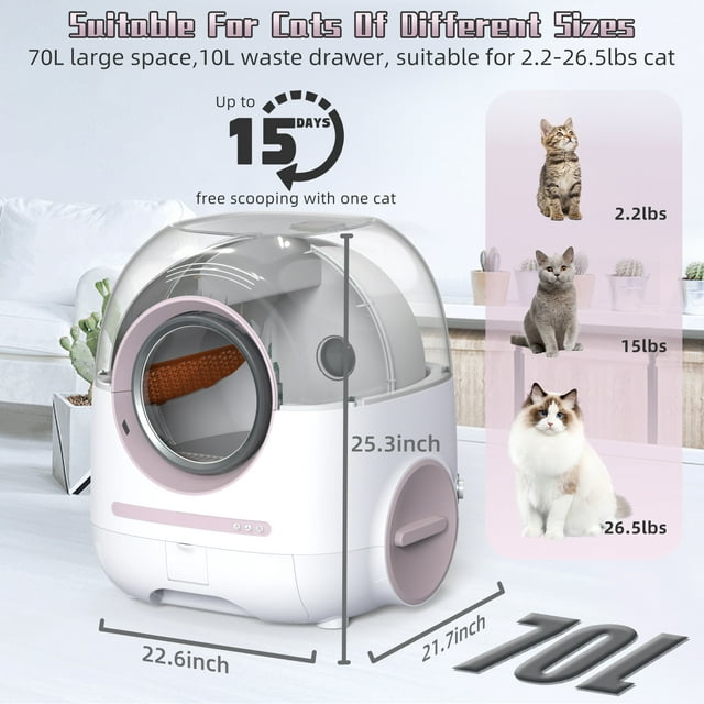 PET011 Self Cleaning Cat Litter Box, Automatic with Mat & Liner, 80L Space for Multi Cats